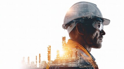 Poster - Double Exposure of Construction Worker in Hard Hat with Industrial Scene