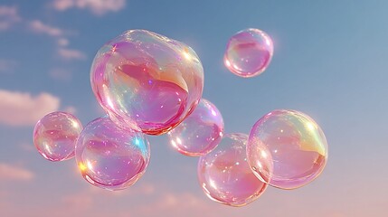 Wall Mural -   A collection of soap bubbles levitating against a clear blue sky, surrounded by fluffy white clouds