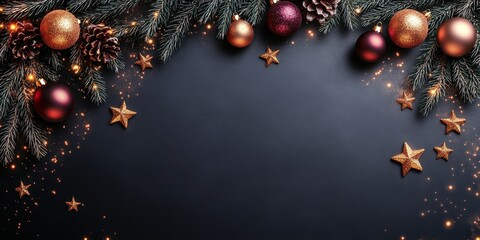 Wall Mural - festive christmas banner pine branches, shimmering stars, and ornaments on black background