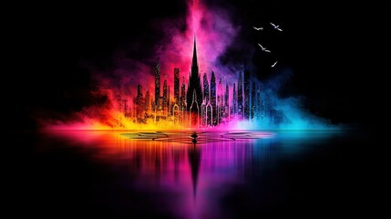 Wall Mural -   A cityscape surrounded by water features a flying bird in the foreground