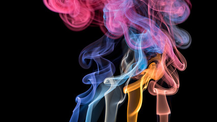 Poster - Delicate swirls of vibrant smoke in shades of pink, blue, and yellow intertwine gracefully, forming an abstract artwork in a dark setting. The colors create a captivating contrast