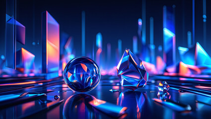 Poster - Brightly colored crystal shapes and geometric forms are arranged on a dark surface, illuminated by vibrant neon lights, creating a mesmerizing futuristic atmosphere