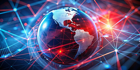 Poster - A digital representation of Earth with illuminated lines connecting various points, showcasing global networks and technological advancement in a vibrant, modern style