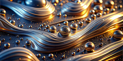 Poster - Metallic spheres rest on a textured surface with flowing lines, reflecting warm light. The intricate design creates an abstract and mesmerizing visual experience in a close-up view