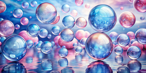 Poster - Numerous vibrant bubbles float gracefully over a tranquil water surface, reflecting the soft hues of dusk. The setting evokes a magical and dreamlike ambiance filled with color