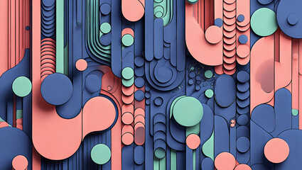 Poster - Bright layers of shapes create a captivating abstract composition with circular and linear elements in soft peach, mint green, and navy blue colors, showcasing modern design aesthetics