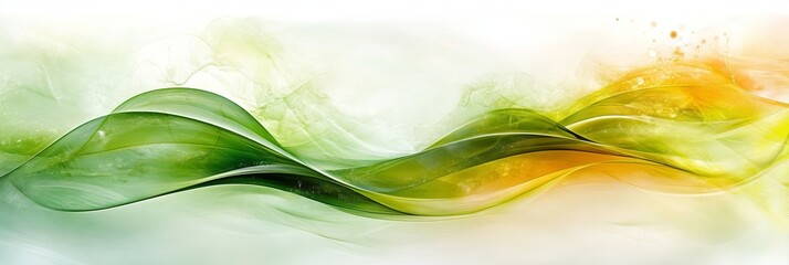 Fototapete - Green And Yellow Wavy Fluid Shapes On White, Gentle Delicate Abstract Background Design Element.