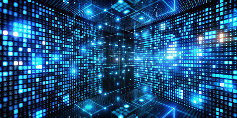 Poster - An expansive digital landscape is filled with glowing blue pixels, creating a futuristic atmosphere that suggests advanced technology and digital innovation at night