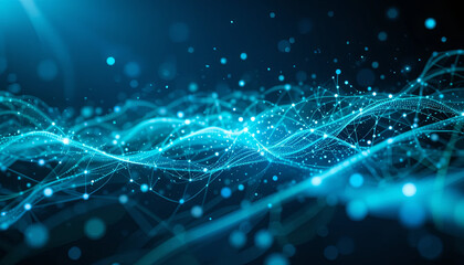 Fototapete - Bright blue and turquoise lines create a dynamic wave pattern, symbolizing data transmission and connectivity in a digital landscape. The background features glowing dots creating depth