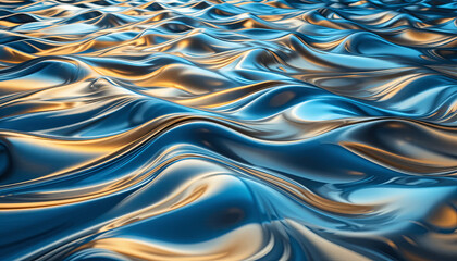 Poster - The surface of water glistens in shades of blue and gold, reflecting the fading light of sunset. Gentle waves undulate, creating a mesmerizing visual effect