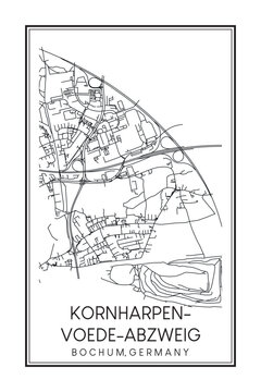 Hand drawn printable downtown road map poster of borough KORNHARPEN-VOEDE-ABZWEIG
of the German city of BOCHUM on solid white background with city name