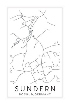 Hand drawn printable downtown road map poster of borough SUNDERN of the German city of BOCHUM on solid white background with city name