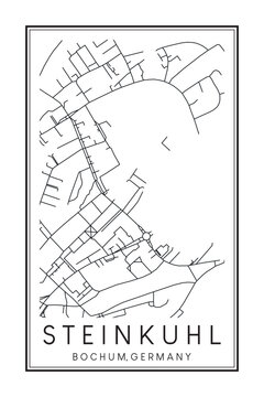 Hand drawn printable downtown road map poster of borough STEINKUHL of the German city of BOCHUM on solid white background with city name