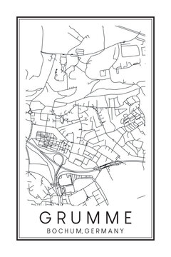 Hand drawn printable downtown road map poster of borough GRUMME of the German city of BOCHUM on solid white background with city name