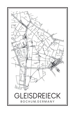 Hand drawn printable downtown road map poster of borough GLEISDREIECK of the German city of BOCHUM on solid white background with city name