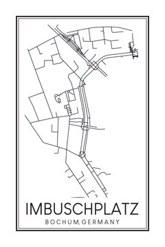 Hand drawn printable downtown road map poster of borough IMBUSCHPLATZ of the German city of BOCHUM on solid white background with city name