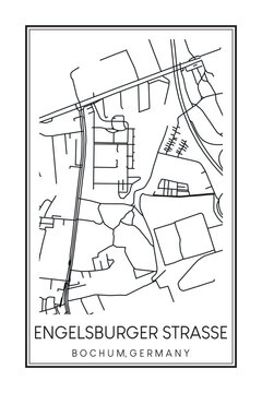 Hand drawn printable downtown road map poster of borough ENGELSBURGER STRASSE of the German city of BOCHUM on solid white background with city name