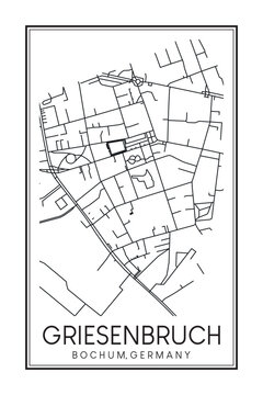 Hand drawn printable downtown road map poster of borough GRIESENBRUCH of the German city of BOCHUM on solid white background with city name