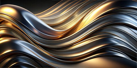 Poster - Curved metallic waves flow gracefully, displaying a mix of gold and silver hues. The elegant patterns create a mesmerizing, reflective texture that captivates the viewer's attention