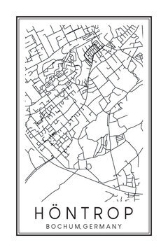 Hand drawn printable downtown road map poster of borough HÖNTROP of the German city of BOCHUM on solid white background with city name
