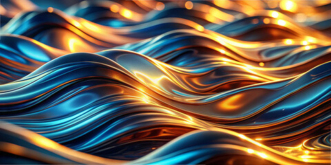Poster - Metallic waves undulate across the surface, reflecting golden and blue hues in a dynamic, fluid display. Light dances off the curves, enhancing the vivid colors and textures