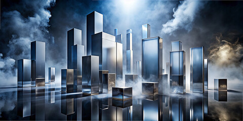 Poster - A striking landscape featuring tall, reflective structures emerging from a foggy environment, illuminated by a bright light source