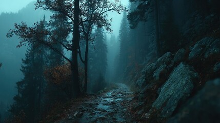 Wall Mural -   Path through foggy forest with trees on either side and rocks on opposite