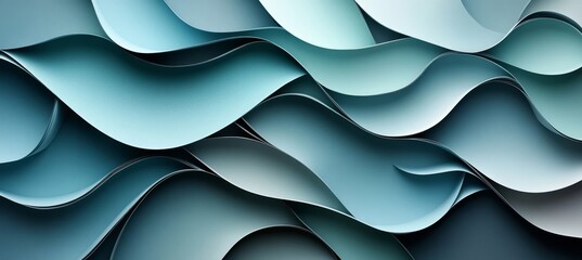 Poster - Abstract Teal and Charcoal Gray Wave Pattern, Nature Inspired Layered Paper Design, Modern Art