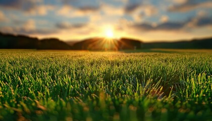 Aufkleber - golden sunrise over dewy grass field with sun rays and blurred forest in background for nature branding, landscape poster, organic product packaging, or calming web design background

