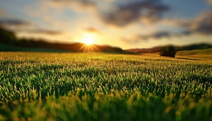 Aufkleber - golden sunrise over dewy grass field with sun rays and blurred forest in background for nature branding, landscape poster, organic product packaging, or calming web design background

