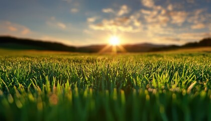 Aufkleber - golden sunrise over dewy grass field with sun rays and blurred forest in background for nature branding, landscape poster, organic product packaging, or calming web design background

