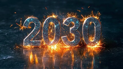 Wall Mural - silver metallic 2030 on dark background with fireworks and sparkles for new year celebration