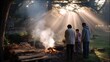 © Segati - Family gathers around a smoky campfire as sunlight streams through the trees in a forest setting