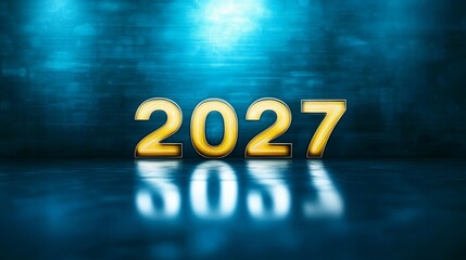 Wall Mural - 2027 new year celebration background with shiny metallic gold numbers and blue spotlights