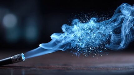 Poster - Blue smoke swirls and sparkles as it is released from a nozzle, creating an enchanting visual effect. This captivating activity takes place in a dimly lit environment, enhancing the beauty