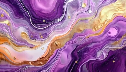 Poster - fluid abstract painting with vibrant violet, gold, and peach marble swirls ideal for web design, print, branding, or luxury packaging background