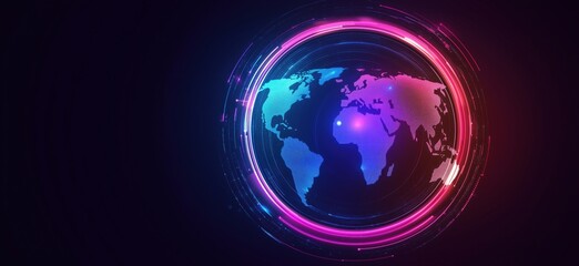 Poster - Colorful digital world map with glowing circular lines and vibrant neon colors