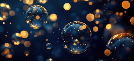 Poster - Bubbles with Glowing Lights in Dark Background Creating Magical Atmosphere