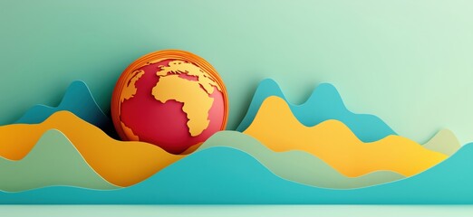 Poster - Colorful 3D globe surrounded by layered paper waves representing geography and nature