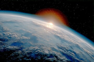 Wall Mural - sunrise over earth viewed from space highlighting atmospheric colors and the curvature of the planet