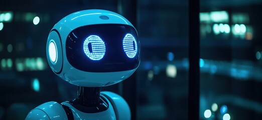 Poster - Futuristic robot with glowing blue eyes in modern urban environment at night