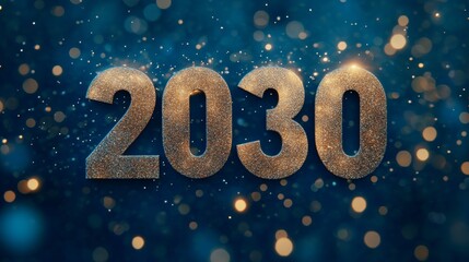 Wall Mural - 2030 new year golden text against a sparkling deep teal blue background with glowing bokeh
