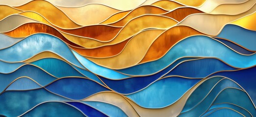 Poster - Abstract waves in gold and blue tones creating a dynamic textured background