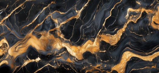 Poster - Black and Gold Marble Texture with Elegant Swirls and Veins for Design Projects
