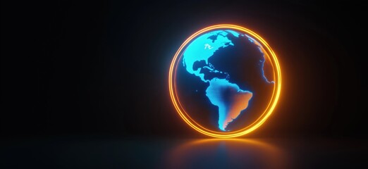 Poster - Glowing Earth Globe with Neon Orange Ring on Dark Background