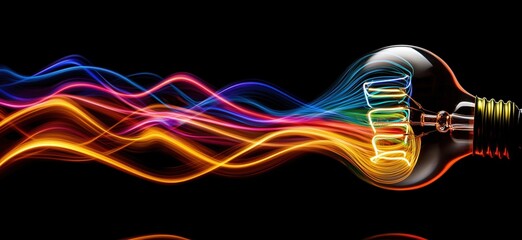 Poster - Colorful light trails emanating from a glowing light bulb on a black background