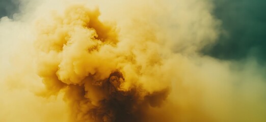 Poster - yellow smoke cloud billowing against a dark background creating dramatic atmosphere