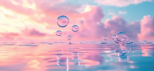 Poster - Bubbles Rising from Calm Water Surface at Sunset with Colorful Sky