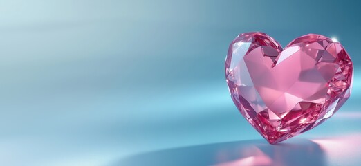 Poster - pink heart-shaped crystal on blue background with soft lighting and reflections