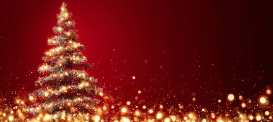Wall Mural - golden glitter christmas tree on a sparkling red background, creating a festive holiday mood